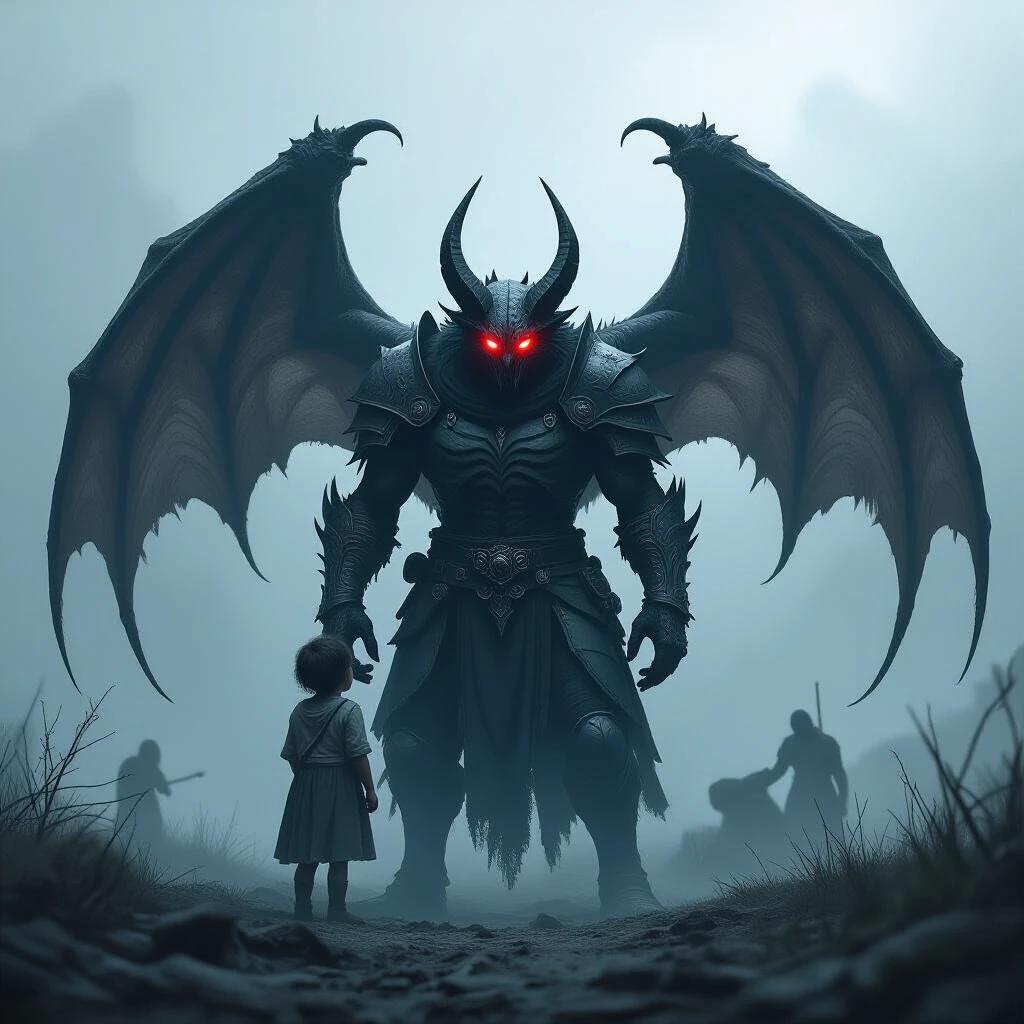 Nightmarish beast with bat wings stands in foggy battlefield. Bone armor and glowing red eyes. Gently shielding injured child with wings. Gritty lighting and muted colors. Detailed creature anatomy. High contrast textures.