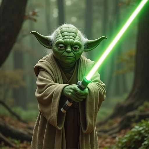 Yoda training Jedi with lightsabers in a forest setting. Character portrayed with green skin, large ears, and wielding a green lightsaber. Atmosphere is mystical and focused.