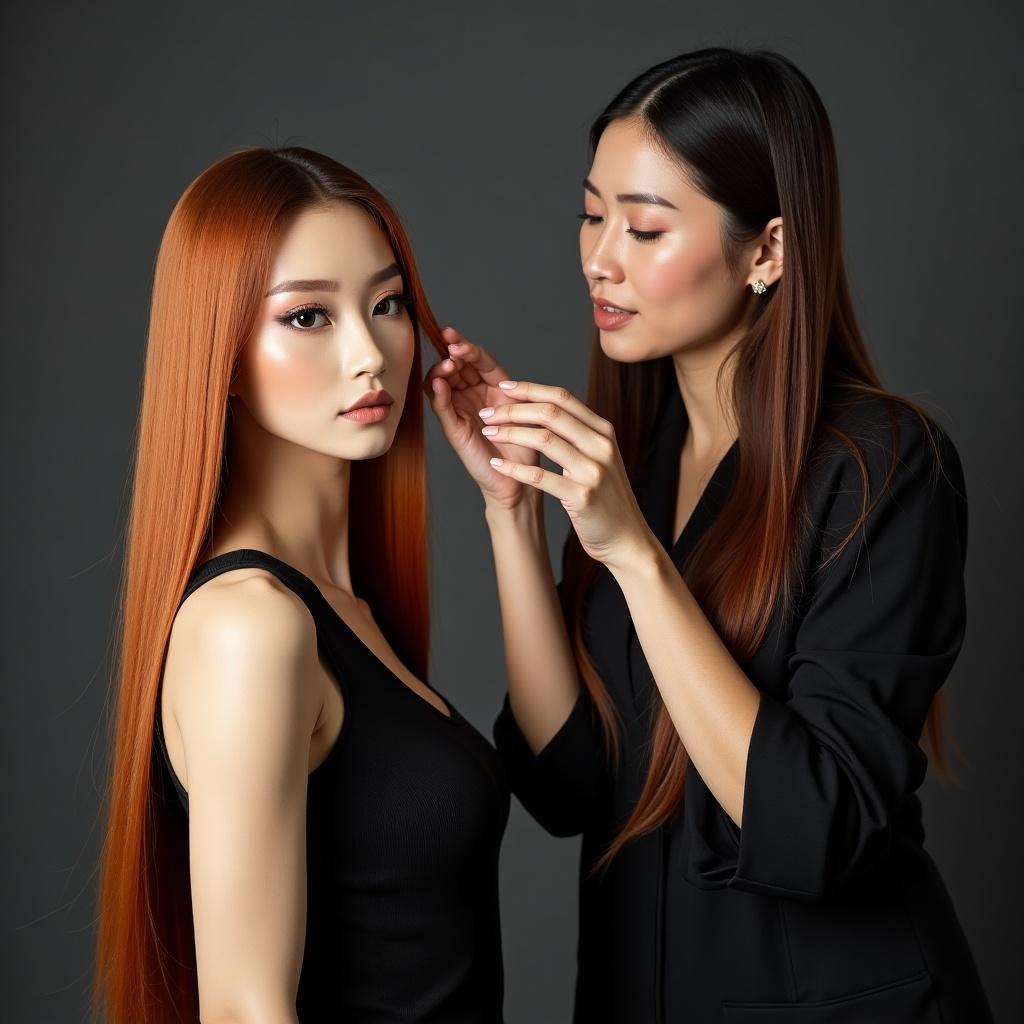 Asian American woman wears a long straight auburn wig. Stylist adjusts the wig on a mannequin. Background in upscale photo studio. Bright electric colors and palewave make it striking. Black and beige enhance the visual appeal.