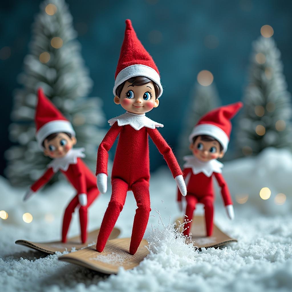 Three elf figures surfing on wooden boards in a snowy setting with Christmas trees. Soft lighting creates a festive atmosphere. Elves wear red outfits and hats, enhancing the holiday spirit.