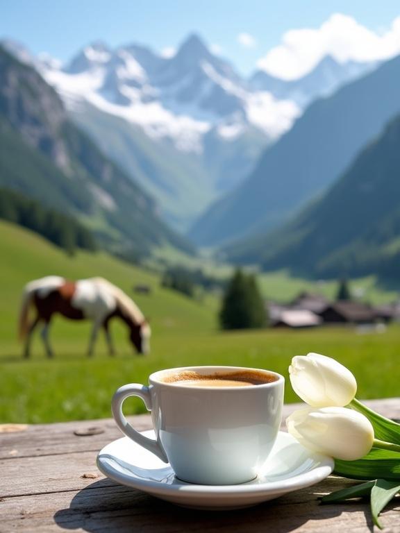 Serene mountain valley scene featuring a white coffee cup and saucer on a rustic table. White tulips are placed beside the cup. A grazing horse is visible in the background along with majestic mountains under a clear blue sky.