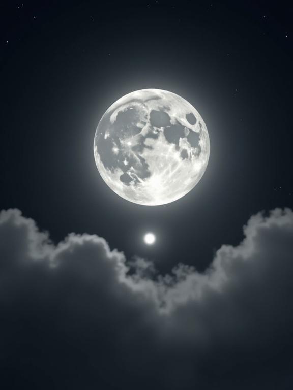 Moon in waxing gibbous phase in night sky. Bright silvery glow with texture of craters and maria. Surrounded by halo from thin clouds. Deep grayish-black sky dotted with stars. Wispy gray clouds framing scene. A smaller bright object below adds celestial touch. Overall tranquil and mystical atmosphere.