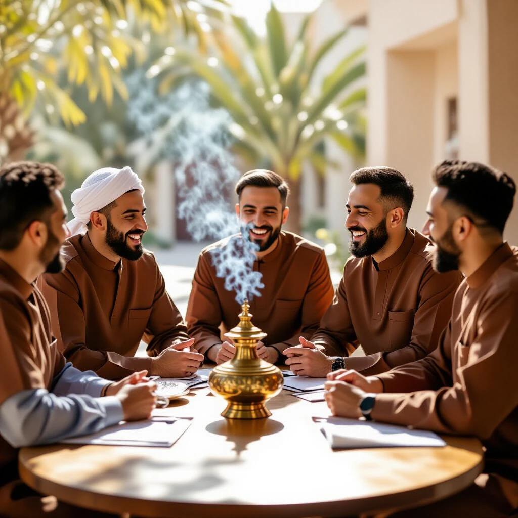 Group of dentists in brown uniforms gathered around a table. They are talking happily to each other. An Arabic incense burner in the middle of the table is burning incense. The setting is sunny, and it's Friday.