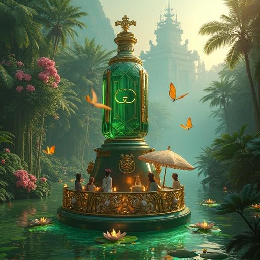 Hyperrealistic 3D illustration of a colossal Gucci perfume bottle in jade green glass with baroque gold details. The bottle sits atop an obsidian pedestal wrapped in golden ivy and jungle orchids. Butterflies softly glow in the humid atmosphere. Massive emerald and magenta leaves surround the scene. Below, a velvet-lined gondola with tiger motifs sails on an emerald river covered in floating lilies and floral candles. Aristocratic figures in 70s-inspired Gucci couture sip champagne under silk parasols. In the background, a translucent peacock palace shape emerges from mist, with dancing fireflies. The entire scene is bathed in golden hour light, radiating luxury, fantasy, and exotic mystery.