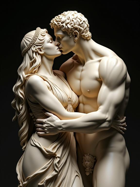 A sculptural representation of Cleopatra embracing Hercules. The figures are intricately detailed with a focus on muscular anatomy and flowing garments. The piece features an elegant contrast against a dark backdrop emphasizing its shape and texture.
