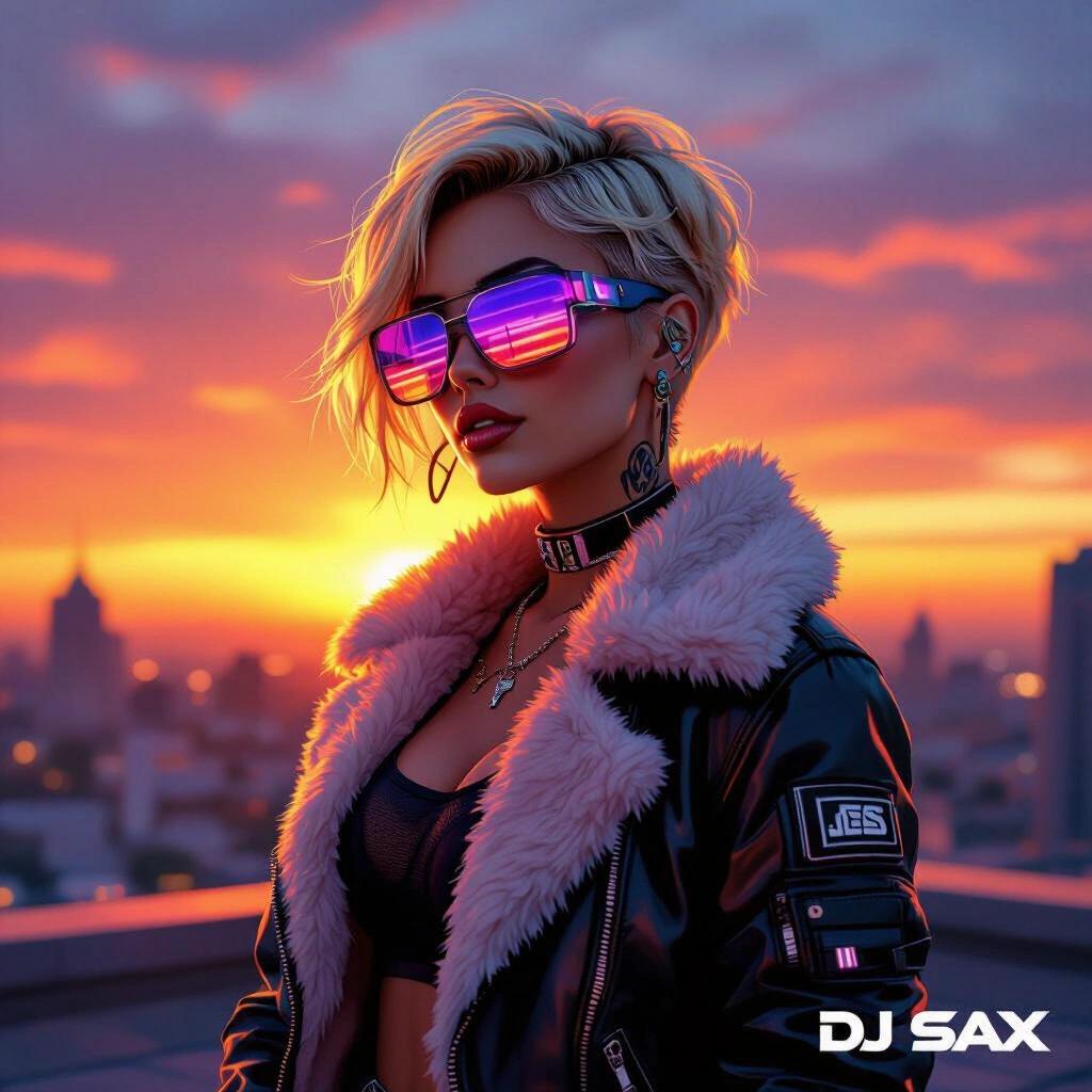 Album cover illustrating a cyberpunk character against a sunset skyline. Character has short blonde hair, futuristic sunglasses, and is dressed in a half open fluffy jacket. The scene captures an urban rooftop in vibrant hues. Text DJ SAX is displayed on the cover.