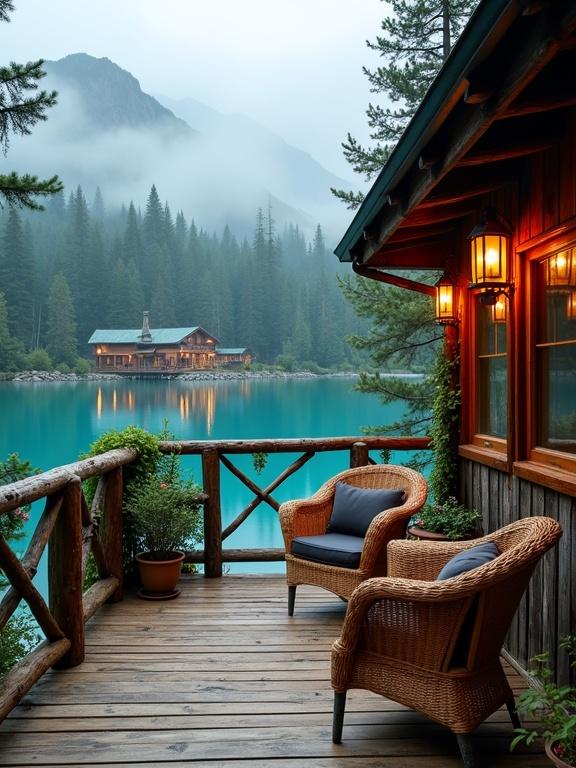 Tranquil lakeside cabin scene surrounded by forested mountains. Misty atmosphere creates a serene feel. Deck features rustic wooden planks and log railing. Wicker armchairs with cushions provide comfort. Lanterns cast a warm glow. Lush green potted plants enhance natural charm. Clear turquoise lake reflects scenery. Distant cabin nestled among trees.