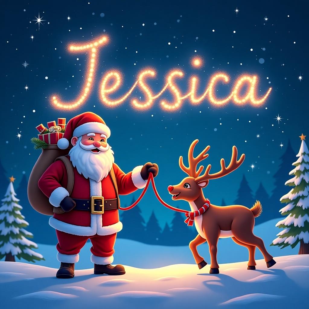 Festive scene featuring Santa Claus and a reindeer. Santa holds a leash while staring at reindeer. Name Jessica is written in the sky in colorful font with a glow effect.