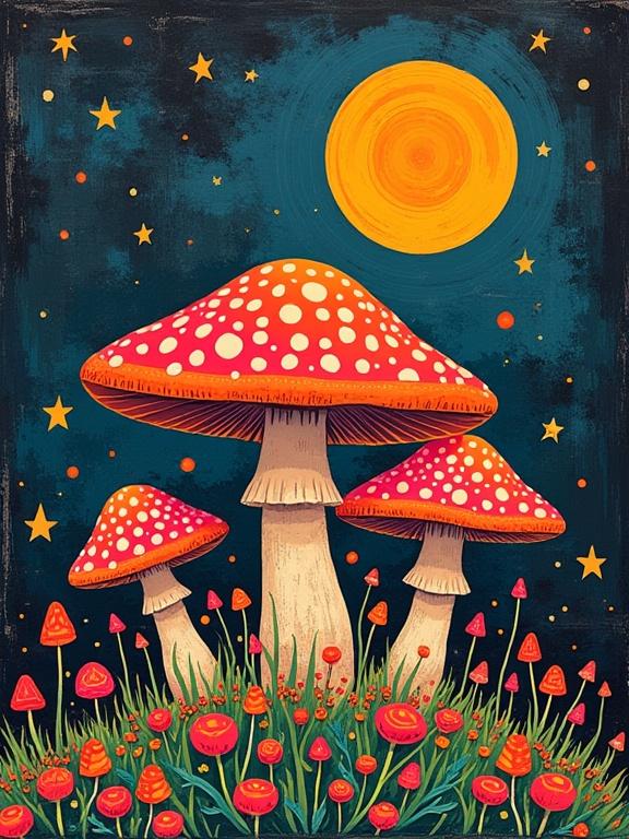 Record album cover design featuring mushrooms and swirling bright colors reminiscent of the 60s era. Vivid colors with a dreamy and whimsical atmosphere. Includes a night sky with stars and a large yellow moon.