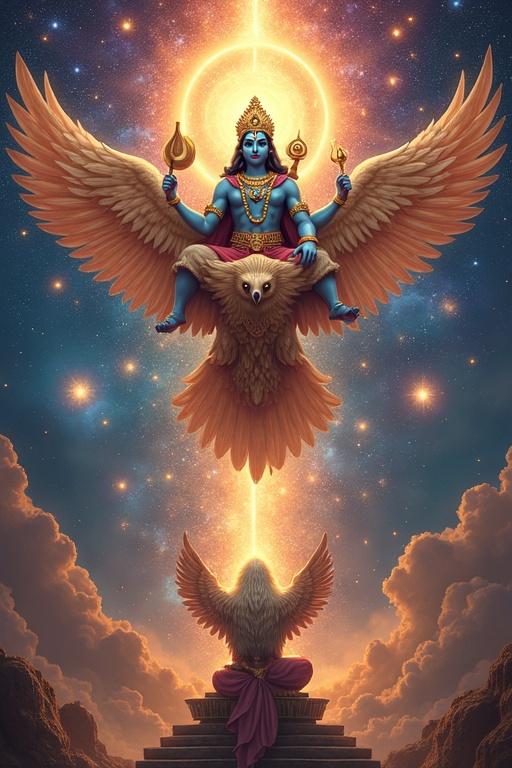 Vivid depiction of Garuda Purana. Lord Vishnu seated on Garuda. Vishnu holds conch discus mace lotus. Garuda with shimmering wings. Below Yama in judgment hall. Souls receive rewards punishments. Background with celestial elements galaxies Sanskrit inscriptions.