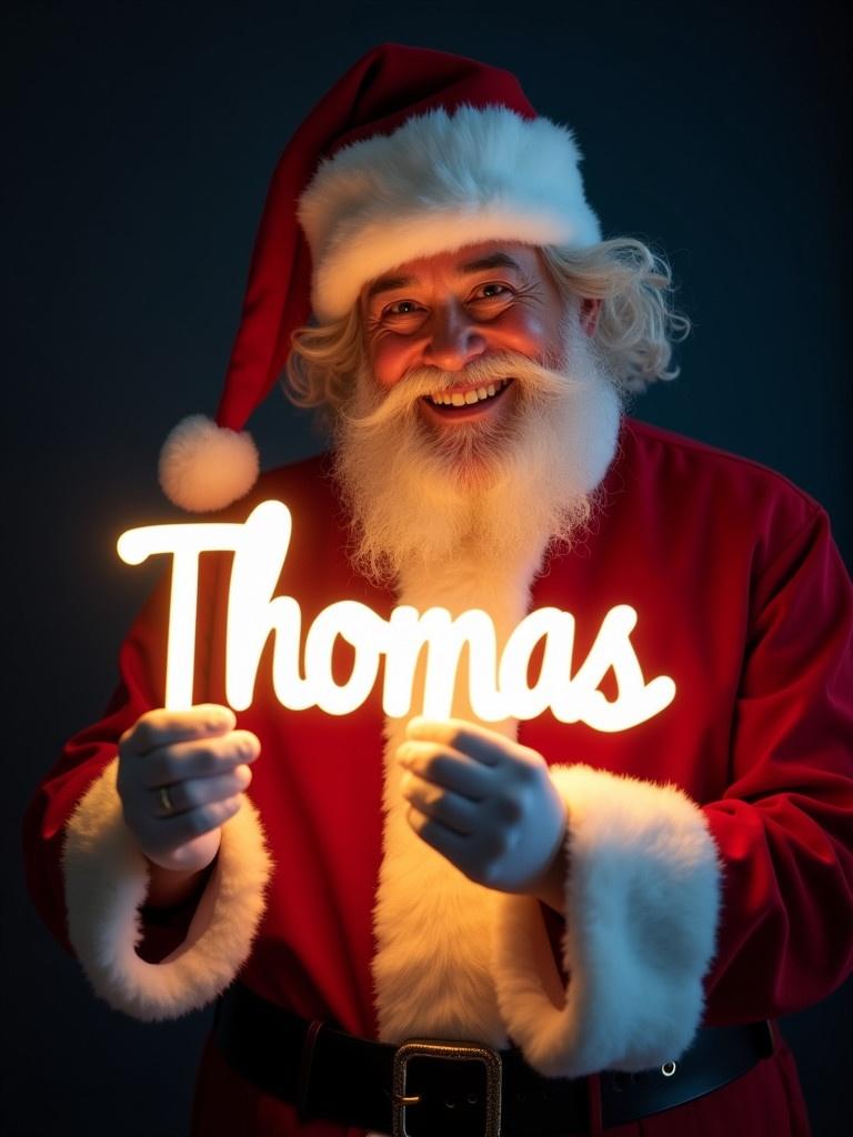 Santa Claus wearing a red suit holding a glowing sign with the name Thomas. The background is dark. The image radiates holiday warmth and joy. It captures the spirit of Christmas.