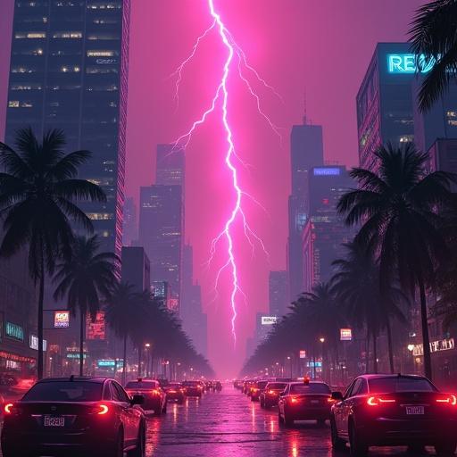 Dramatic street view lit by neon lights. A bolt of lightning smashing down on a skyscraper. Palm trees line the road. Cars halt under the electrifying sky. High-rise buildings reflect a vibrant pink glow. An atmosphere of tension and energy. 