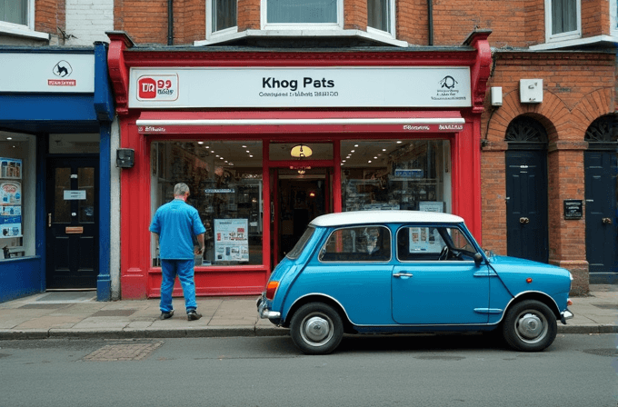 A vintage blue Mini Cooper is parked in front of a quaint pet shop with a red and white storefront, as a man in blue walks nearby.