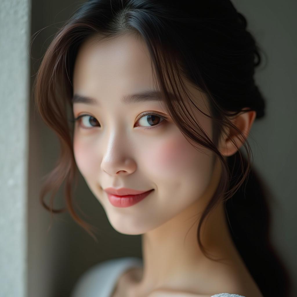 High definition photo of a stunning Asian model in a close-up shot. Composition reflects beauty standards with photorealism. Model has a slight smile enhancing cinematic quality. Image resembles a photograph shot on a Sony A7III, filled with realistic detail. Aspect ratio is 1:2 and stylization is at level 750. Hyper-realistic image.