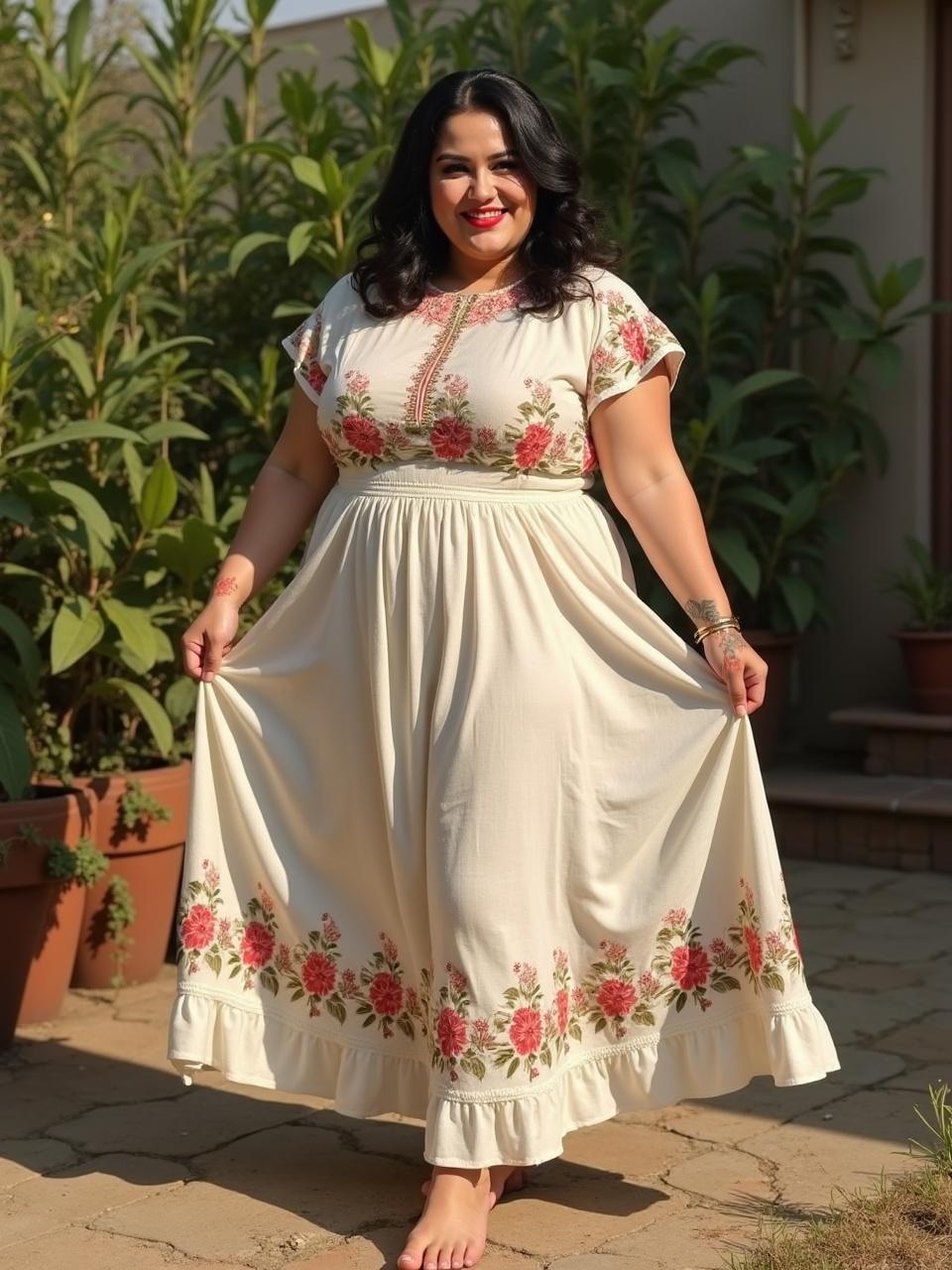 A woman stands outdoors on a sunny day, wearing a flowing cream-colored dress adorned with red floral patterns. Her hair is dark and styled in loose waves, and she smiles warmly at the camera. The background features lush green foliage, enhancing the vibrant colors of the dress and the overall cheerful atmosphere.