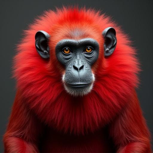 Monkey displays a large vibrant red ruff with focus on its fur and ears. Portrait captured from the front. Emphasis on colors and textures in the fur.