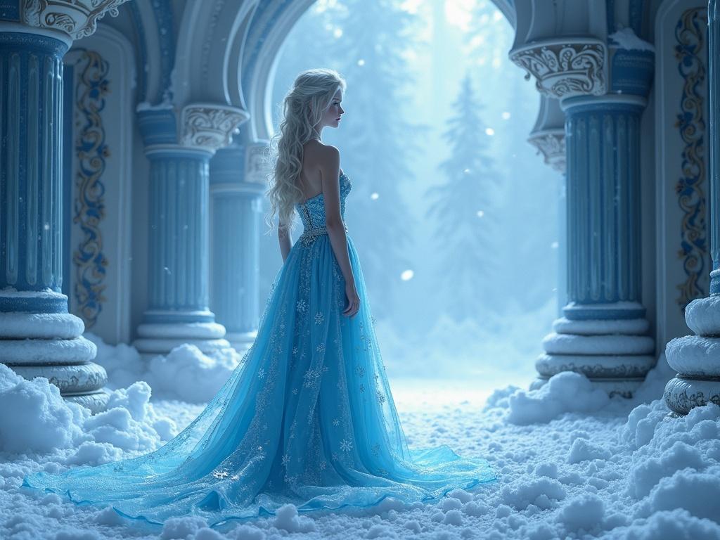 An Ice Queen dressed in a gown made of frozen waterfalls and snowflakes stands in an icy palace during a blizzard. Her hair is long and silvery. Snow covers the ground. Pillars are visible behind her.