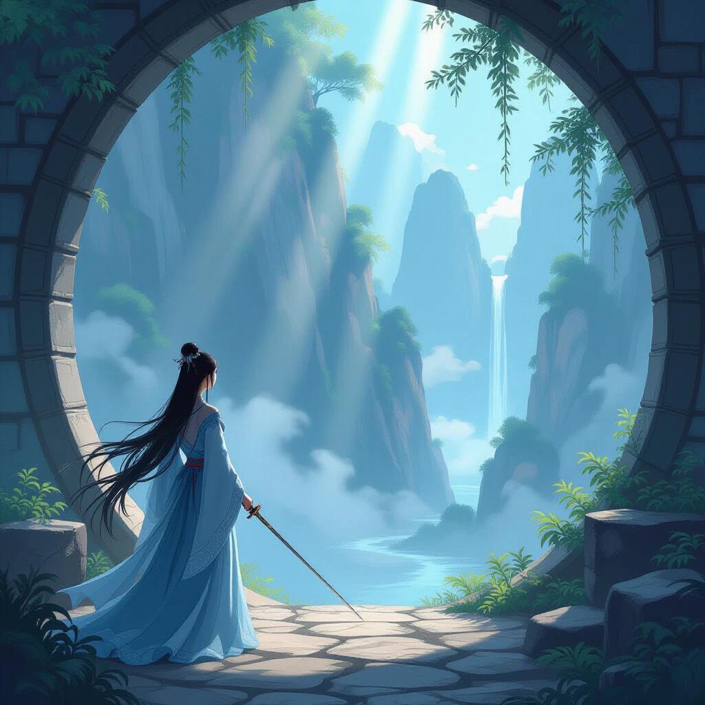 A mystical scene depicting a figure in blue standing in an ancient archway. The figure holds a sword and gazes into a breathtaking landscape featuring mountains and a waterfall. The atmosphere is ethereal and tranquil with soft lighting effects. The style features elements of traditional Chinese art and fantasy.