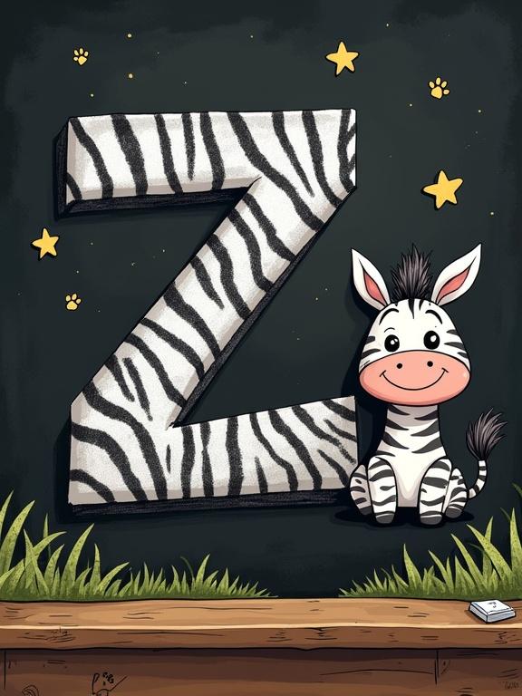 Illustration of a chalkboard featuring the letter 'Z' with zigzagging stripes. A cheerful zebra is leaning on the chalkboard. Fun details include savanna grass, floating stars, and a wooden frame. High-contrast colors with black, white and pops of yellow and green are used.