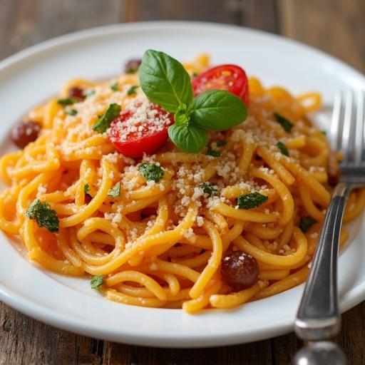 Plate of spaghetti topped with cheese herbs and garnishes on a wooden table