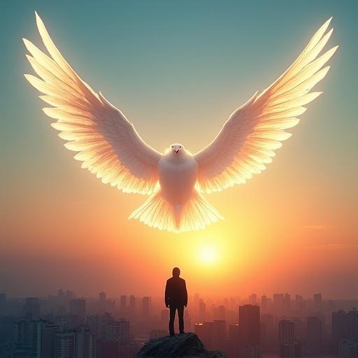 A large white bird with open wings soaring in the sky over a city at sunset, a solitary person stands at the edge of a rocky outcrop looking up.