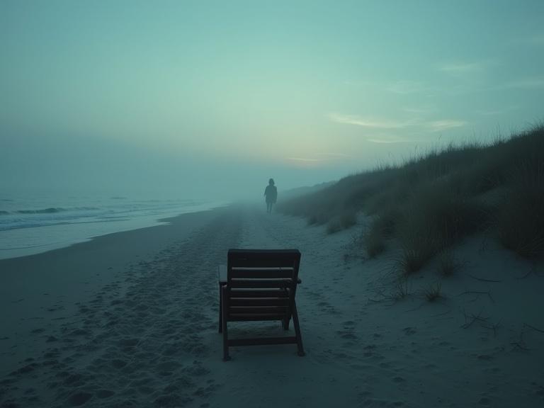 A German beach chair stands empty on the sand. It overlooks the calm sea at dusk. A silhouette of a female detective appears in the distance. Police tape stretches between the sand dunes. The scene is misty and atmospheric.