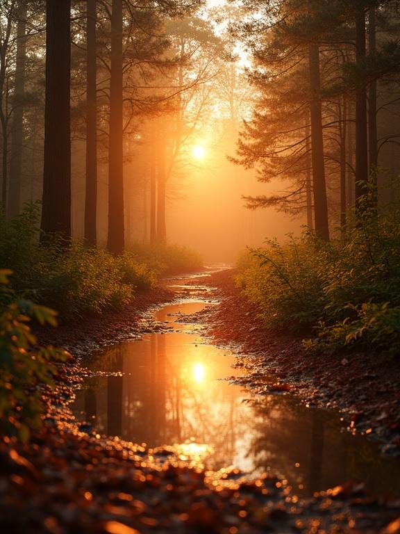 Bright forest morning scene. Puddle of water on path. Sunlight reflects off puddle creating orange hue. Lush green foliage surrounds scene.