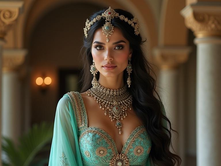 Stunning Indian Siren Mermaid Beauty in Ethereal Costume with Intricate Jewelry. The background is luxurious.