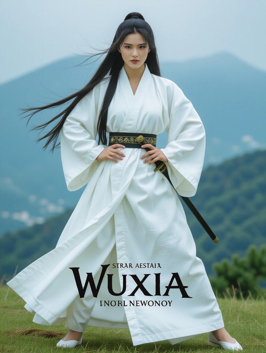 Woman in white clothes stands confidently in a mountain setting. Long hair flows gracefully. Captures essence of Wuxia genre. Promotional poster design.