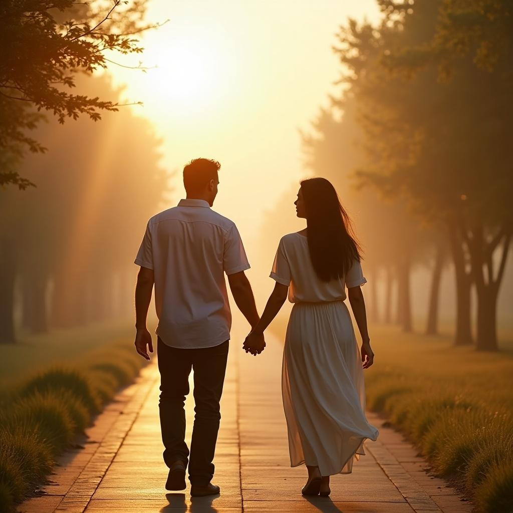 Man and woman walking hand in hand on a path during sunset. Warm light creates a romantic atmosphere. Trees line the pathway, providing a serene backdrop.