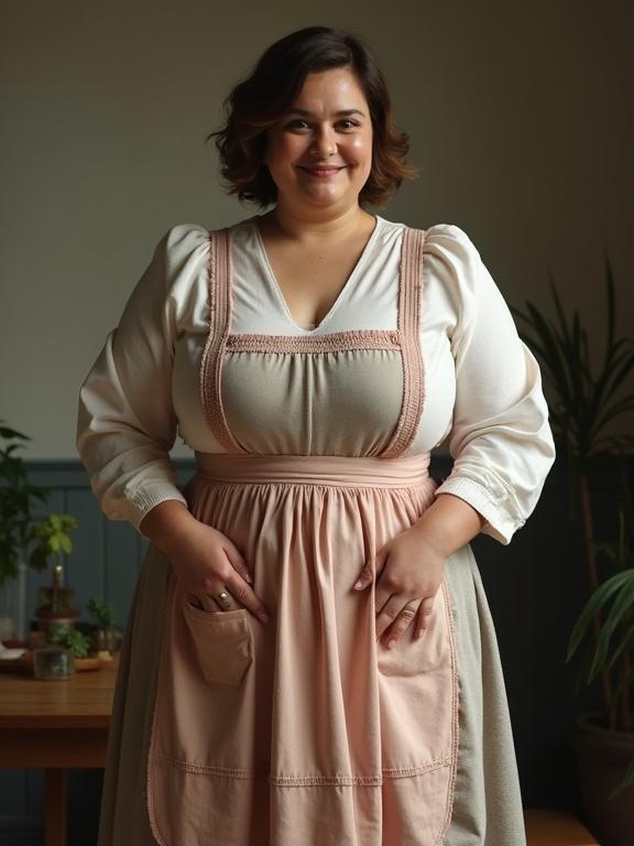 A beautiful mother stands in a cozy kitchen. She has a very large bust, wears a shirt and skirt with an apron. The background is softly illuminated with plants.
