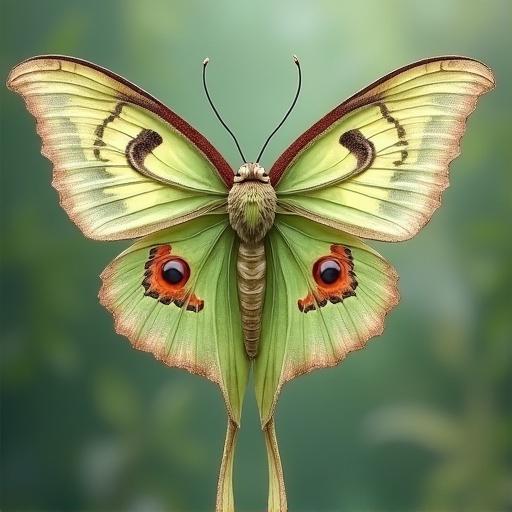 A butterfly resembling a Luna Moth is displayed in a light-green, white and brown-red color palette with detailed wings