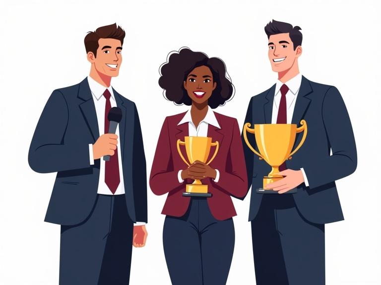 Illustration of three adults in professional business attire celebrating an achievement. An Asian man holds a small trophy and microphone. A Black woman holds a large trophy. A White man holds a medium trophy. All three are smiling and appear unified. Cohesive color palette features rich maroons and navy blues. Background is fully transparent.