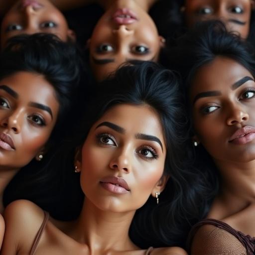 Several women with Scottish-Pakistani heritage lie on the floor. They have large dark brown eyes and varying styles of black hair. Their skin is dark, and they have thick well-groomed eyebrows. All women are motionless with their wide open eyes staring upwards at nothing, mouths closed and eyebrows furrowed.