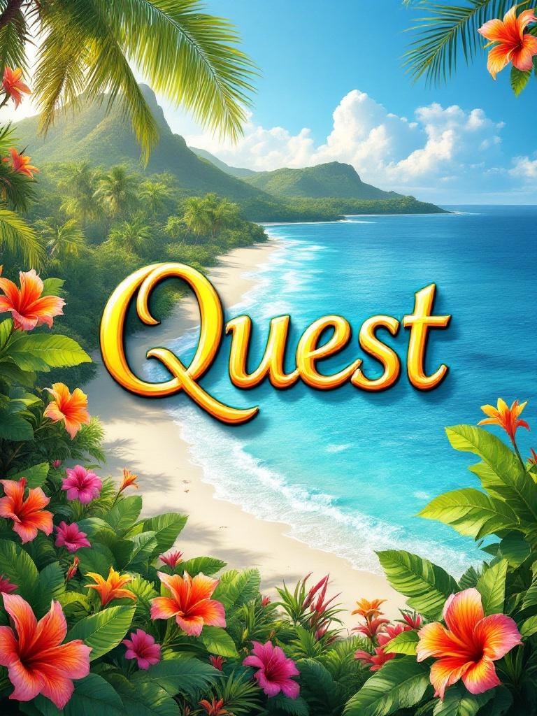 Captivating advertisement in a tropical paradise setting. Vibrant Hawaiian flowers bloom in various colors with petals swaying in the breeze. Pristine white sands blend into the clear waters of the Caribbean Sea. The word 'Quest' is artistically integrated into the landscape, inviting adventure and exploration.