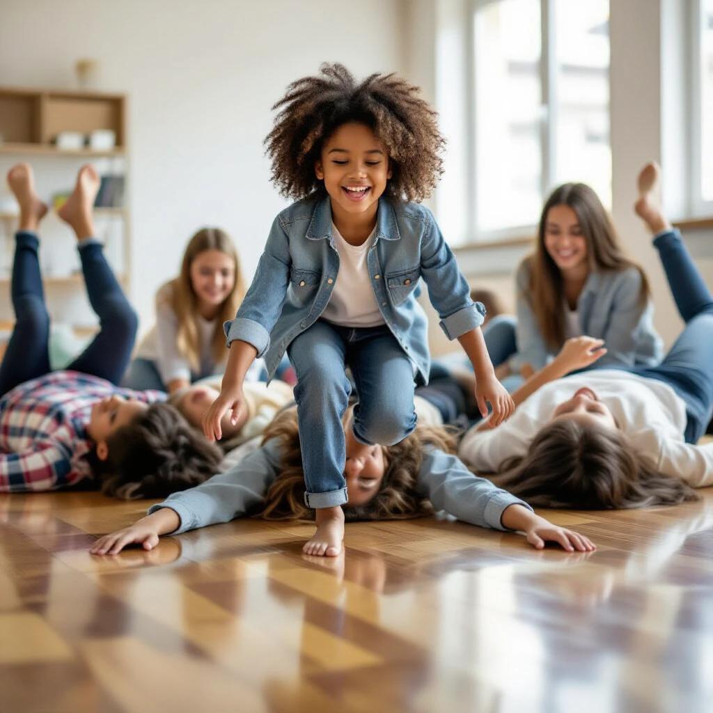 A happy barefoot mixed girl wears jeans. She is joyfully walking on top of classmates who are lying on a reflective wooden floor. The setting is bright and inviting with natural light streaming in. The scene captures the essence of childhood camaraderie and playfulness.