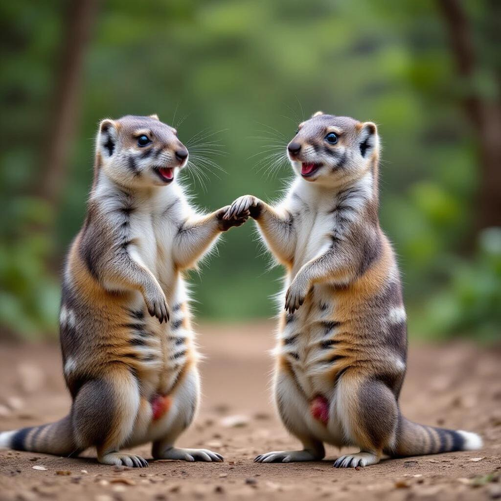 Two animals standing upright on a path in a forest. They are holding paws and appear to be dancing or interacting happily. The background is blurred greenery, emphasizing the animals.