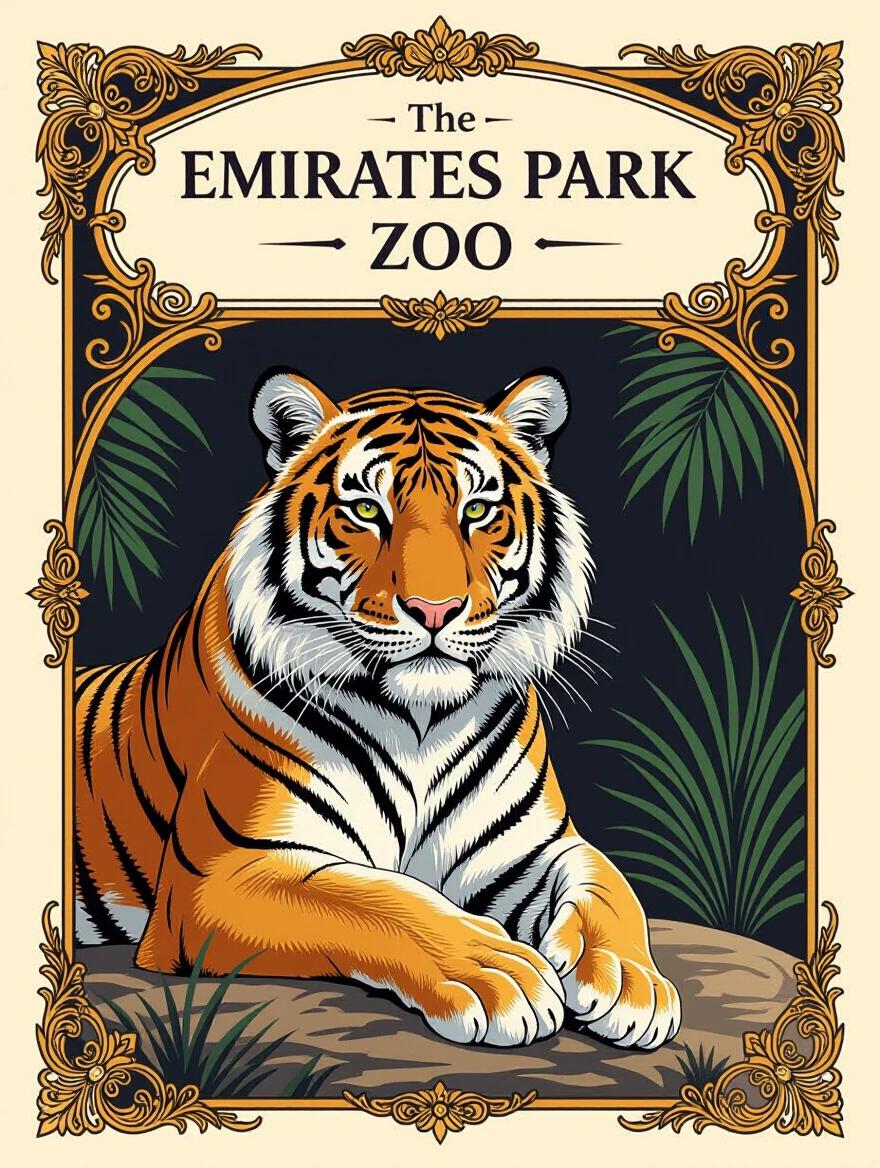 Design an elegant poster featuring an Arabian tiger from Emirates Park Zoo. The art style is classical and hand-drawn. The tiger is depicted with precise details and visual depth using chiaroscuro techniques. An ornate frame surrounds the image, prominently displaying the zoo's name.