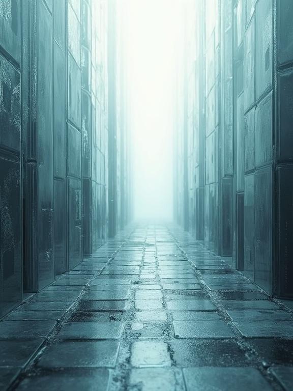 Artistic representation of a cubist transparent void resembling the space between film strips. Features walls and pathways created from plastic film. It appears misty and surreal with a narrow corridor leading deeper into the scene.