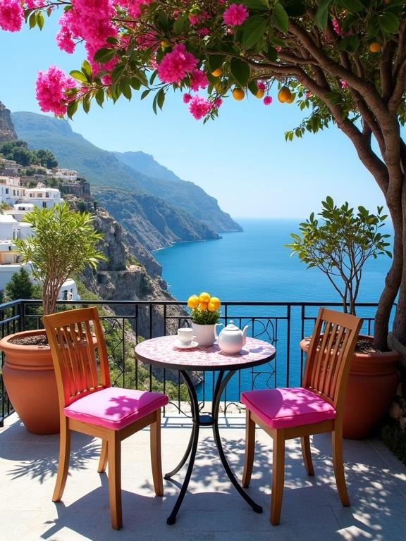 Charming outdoor patio setup with a view of a coastal cliffside village. Small round table with mosaic surface. Two wooden chairs with pink cushions. Table adorned with teapot and cups. Potted plant with bright lemons. Colorful bougainvillea tree overhead. Rugged cliffs and bright blue sea in background. Scenic and vibrant atmosphere.