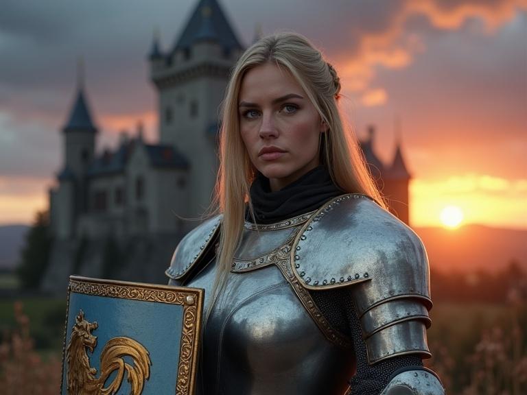 Portrait of a powerful Scandinavian queen dressed as a knight in silver armor. She has long golden hair and piercing blue eyes. She holds a shield with a golden lion on it. The backdrop features a gothic castle at dawn.