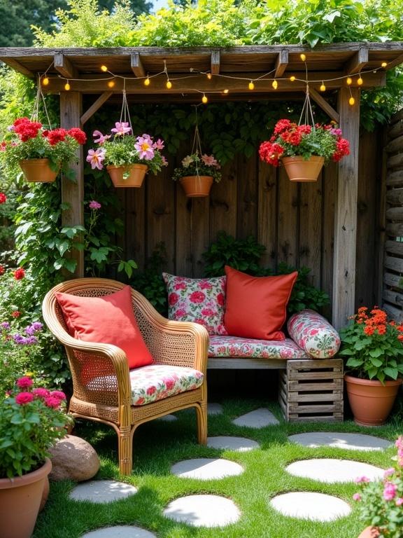 Charming outdoor garden area with cozy seating under rustic pergola. Wicker chair and bench surrounded by greenery and vibrant flowers. Wicker chair features colorful cushions. Bench made from wooden crates topped with floral cushioned seat. Pergola of weathered wood covered with vines and hanging flower baskets. String lights create cozy ambiance. Path of circular gray stone pavers on lush green lawn. Terracotta pots with colorful flowers. Wooden wall with lattice design and white door. Inviting and peaceful atmosphere.