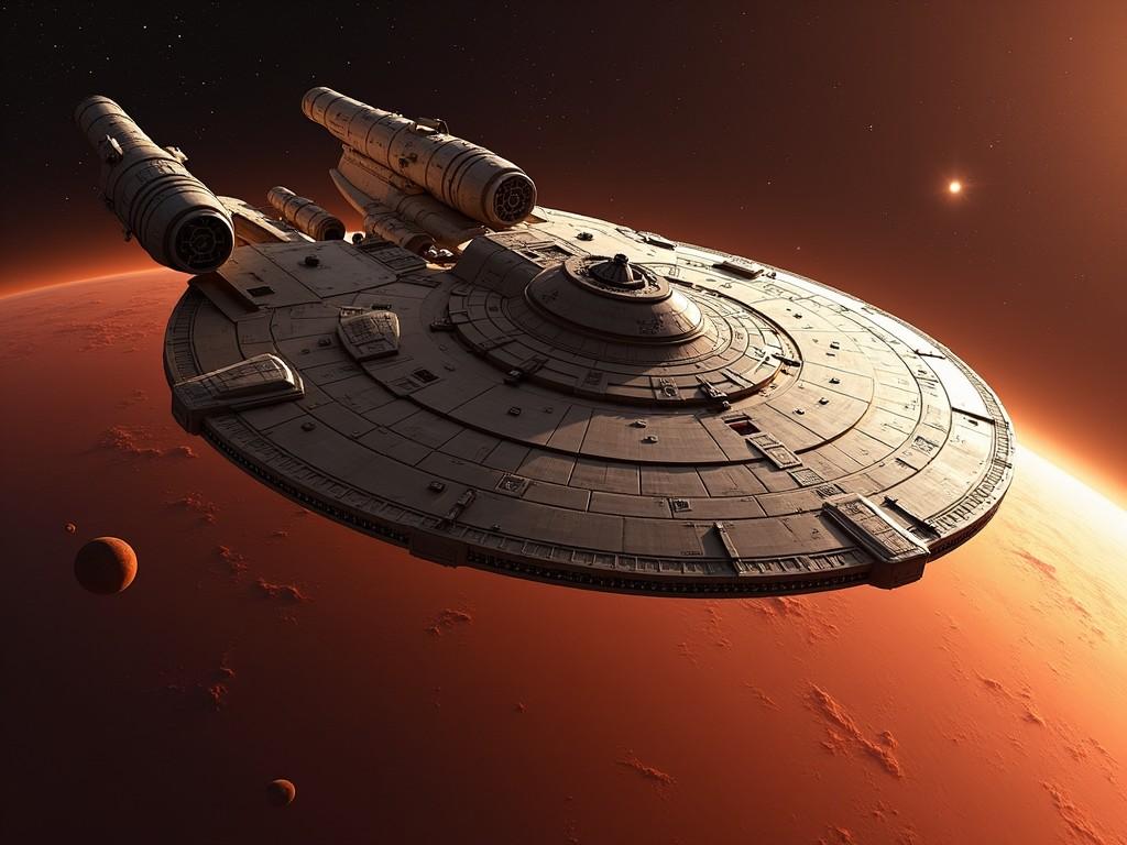 A large starship is orbiting Mars in a dramatic scene. The starship features intricate details and a futuristic design. Mars, with its reddish surface and atmosphere, creates a stunning backdrop. The surrounding space is dark, contrasting with the warm colors of the planet. Smaller moons can be seen in the distance, adding depth to the cosmic landscape.