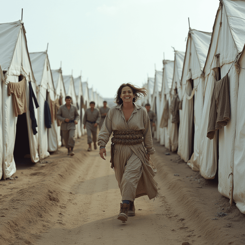 A smiling woman walks confidently through a row of canvas tents on a dirt path, evoking resilience and positivity.