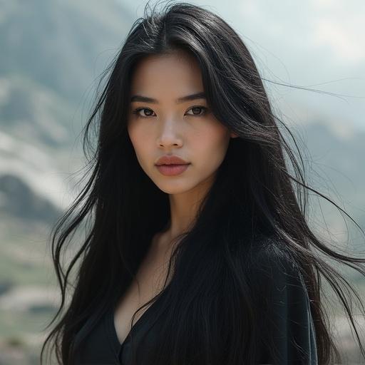 Generate image of a woman with long black hair and bright eyes outdoors. She stands confidently. Background is simple to emphasize her presence.