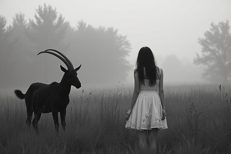 A young woman stands in a field facing a dark horned goat. The atmosphere is foggy and mysterious. The scene is in black and white, creating a haunting impression. Soft lighting covers the figures.