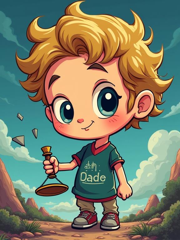 Cartoon character displaying enthusiasm for science. Boy with curly blond hair wearing a green shirt with text. Holding a flask in one hand. Background shows mountains under a bright sky. Art is colorful and engaging.
