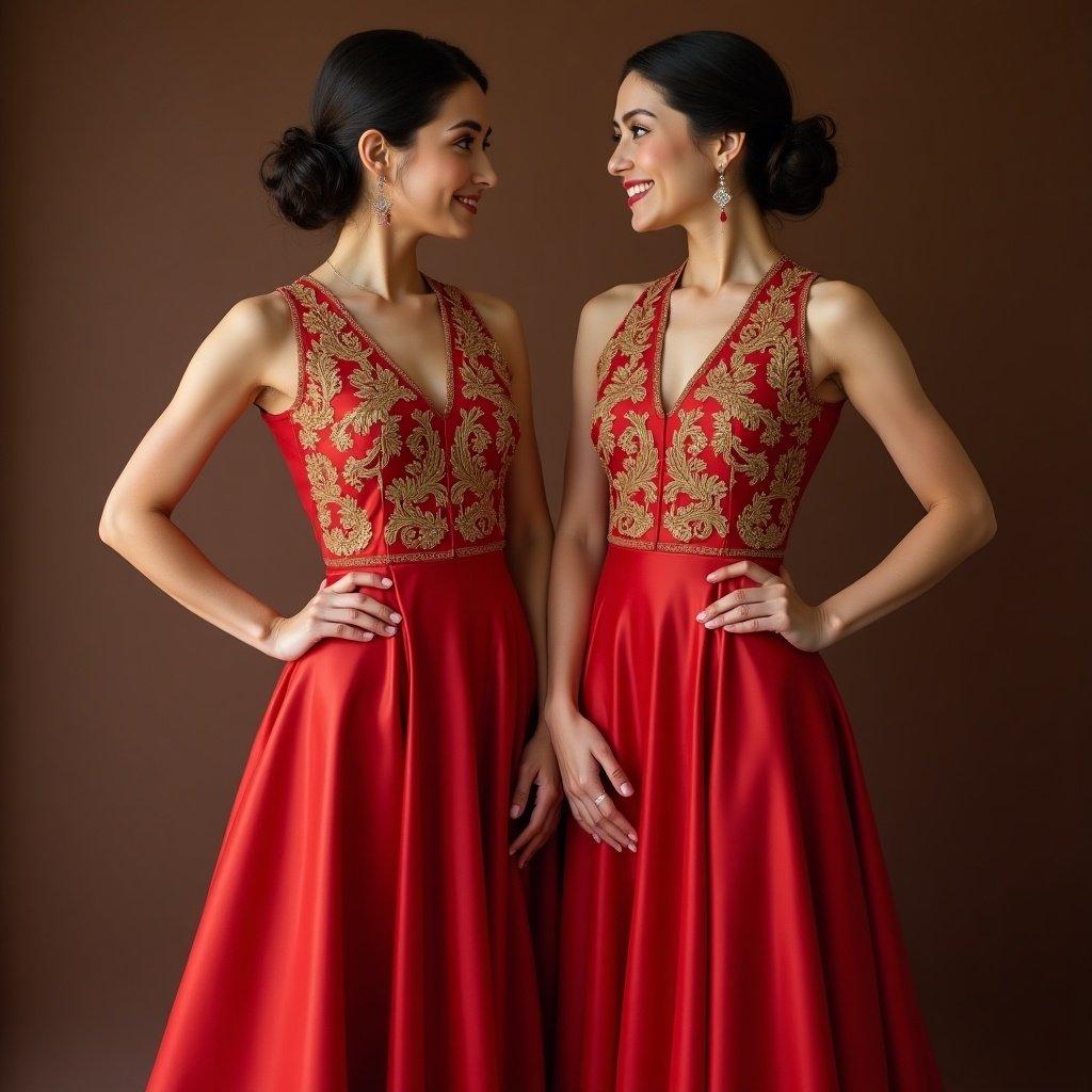 Two elegantly dressed women in traditional red dresses with gold embroidery. They showcase intricate designs. They are standing close, holding their hips. The scene conveys a sense of love and sophistication.