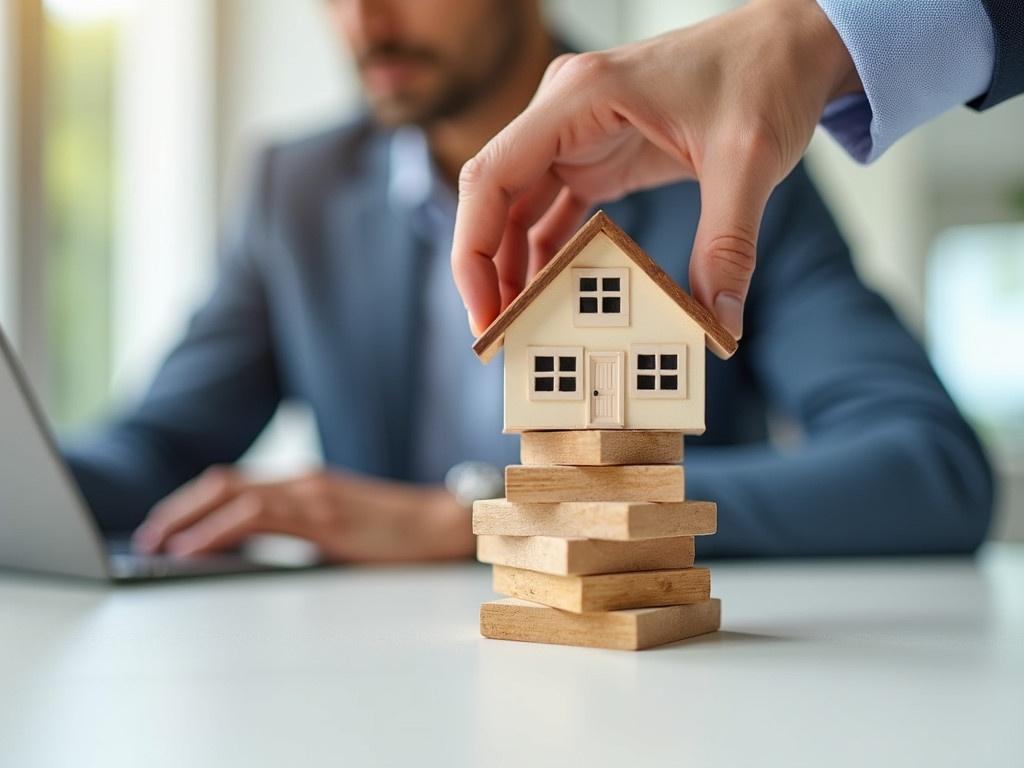 A person is carefully balancing a small model of a house on top of a stack of wooden blocks. The hand is mid-motion, adjusting the pieces of wood, showing a sense of precision and focus. The background is a blurred office setting, indicating a professional environment. The wooden blocks resemble a game, suggesting themes of stability and risk. The model house has detailed features, including windows and a roof, adding realism to the scene.