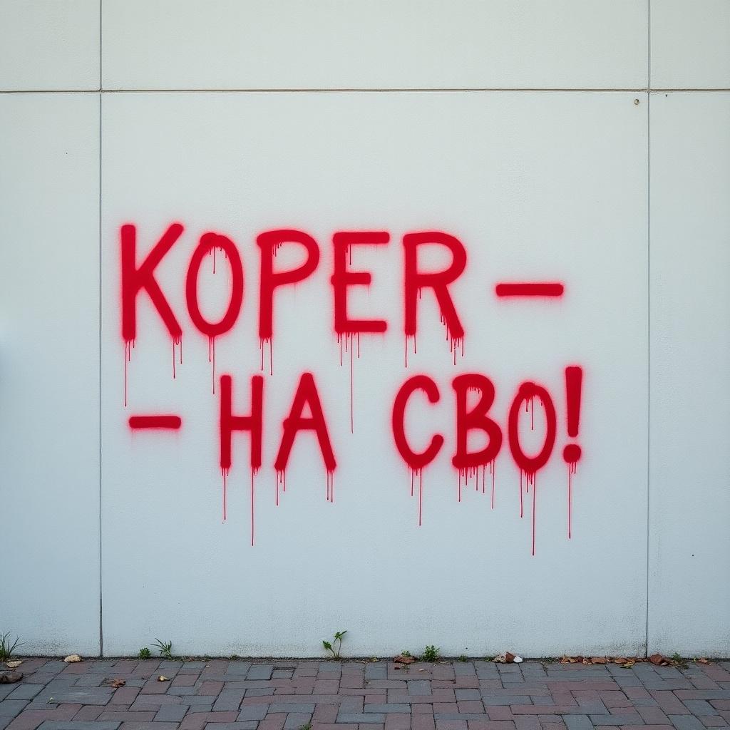 Large light grey wall displays writing in red spray paint. The text reads 'KOPER — HA CBO!'